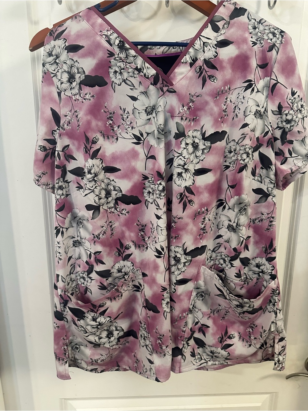 Healing Hands Pink and Black Floral V-Neck Scrub Top